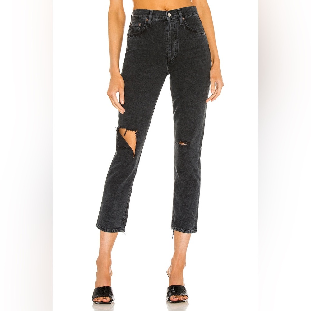AGOLDE Riley High Rise Straight Crop Black Distressed Ankle Jeans